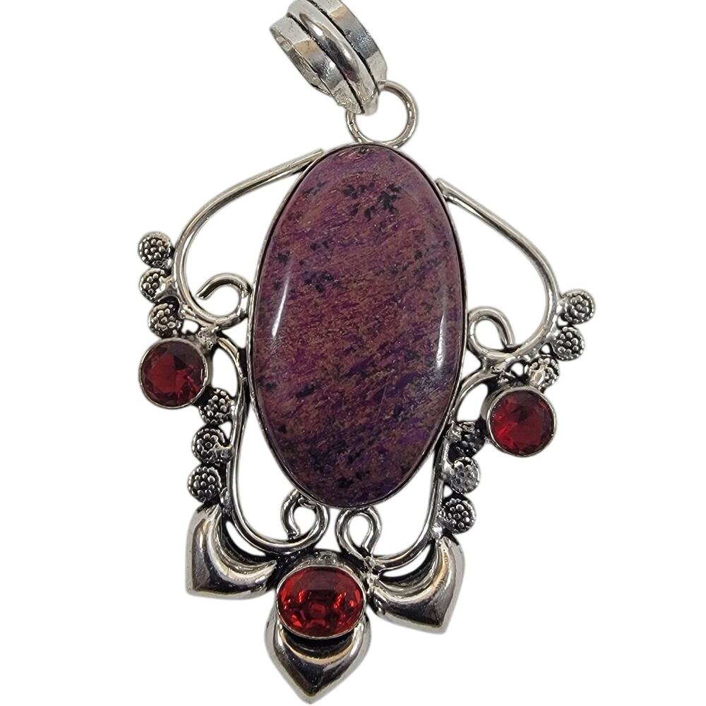 Ruby Zoisite Pendant – With Red Garnet Accents + 20" Sterling Silver Chain